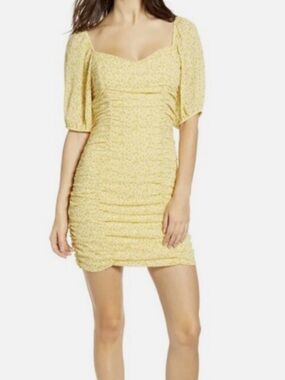 Nordstrom All in Favor Yellow Ruched Square-Neck Mini Dress